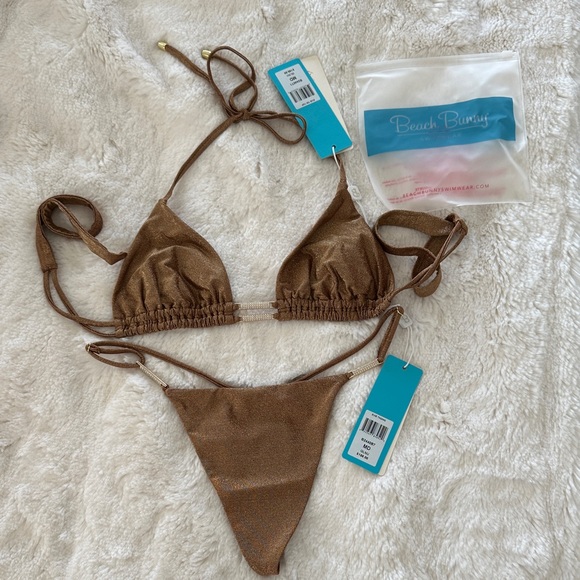 NWT Beach Bunny Evie Metalic Bronze Crystal Triangle G-String Bikini Set Size M
